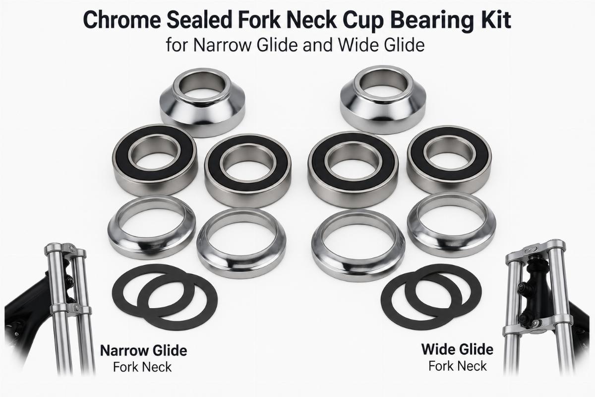 Chrome sealed fork neck cup bearing kit for narrow glide and wide glide