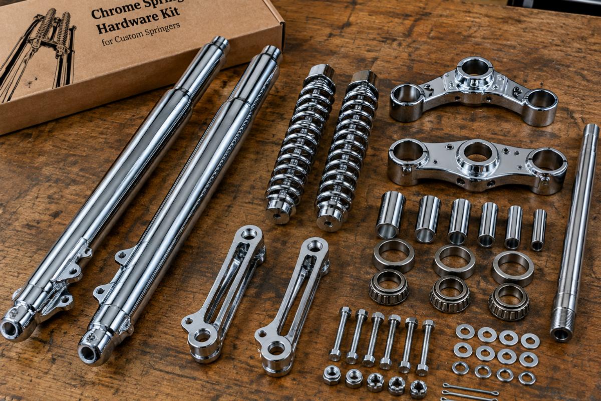 Chrome spring fork hardware kit for custom springers laid out on a workbench