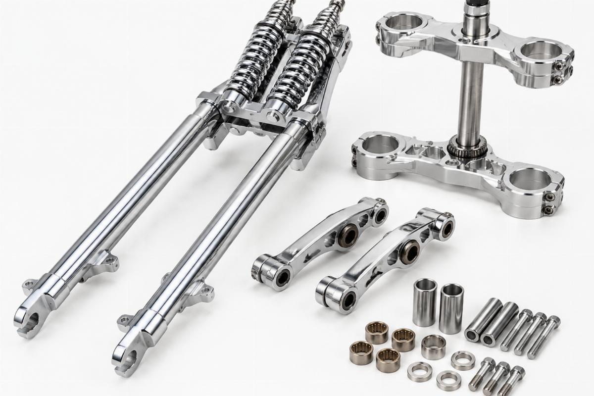 Chrome spring fork kit components including rockers, legs, and machined triple tree