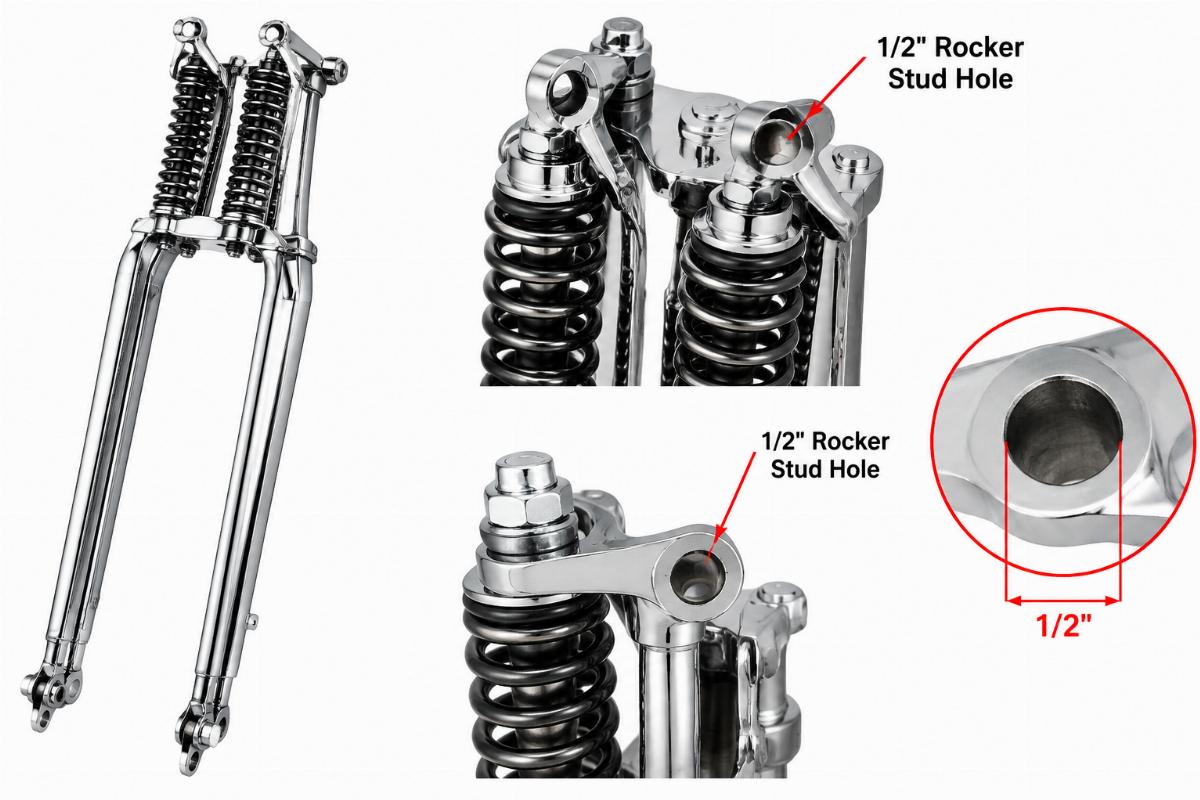 Chrome spring fork motorcycle aftermarket assembly showing 1/2 inch rocker stud holes