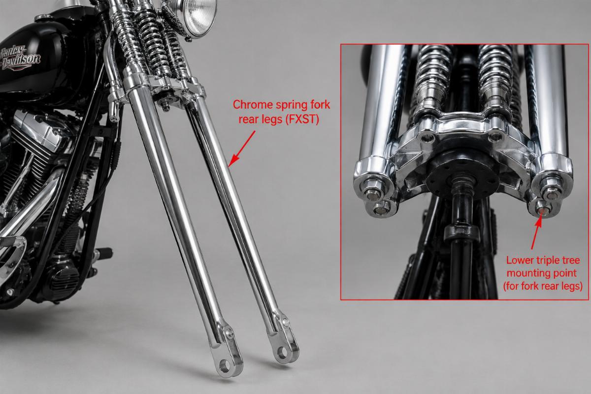 Chrome spring fork rear legs for fxst showing lower triple tree mounting point