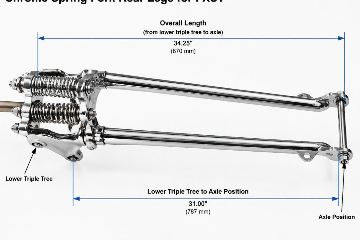 Chrome spring fork rear legs for FXST showing overall length and lower triple tree to axle position