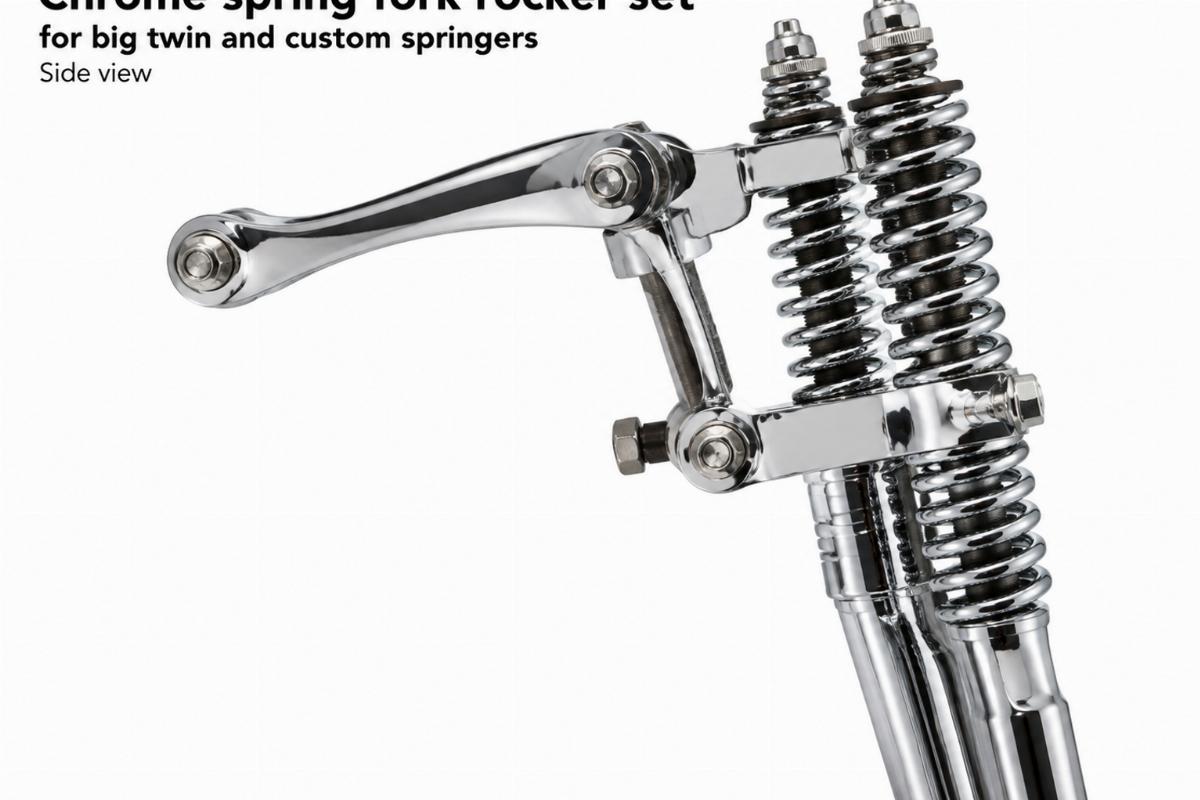 Chrome spring fork rocker set for big twin and custom springers side view