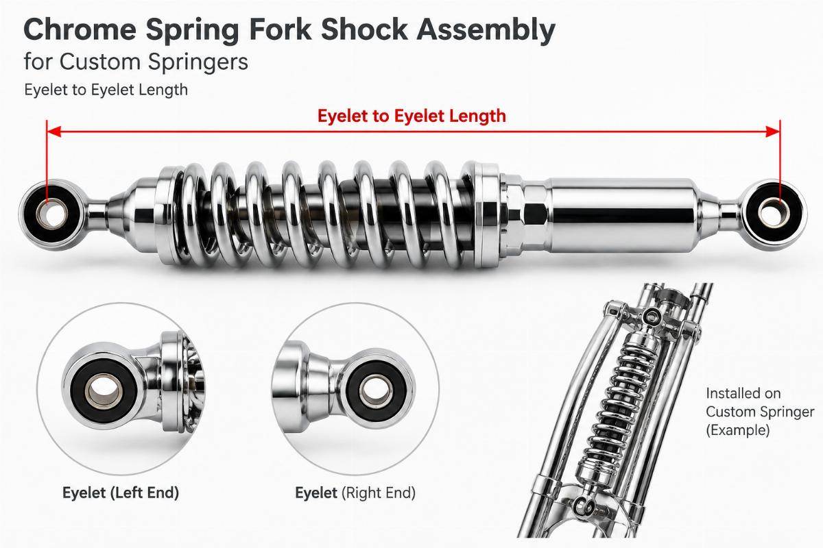 Chrome spring fork shock assembly for custom springers showing eyelet to eyelet length