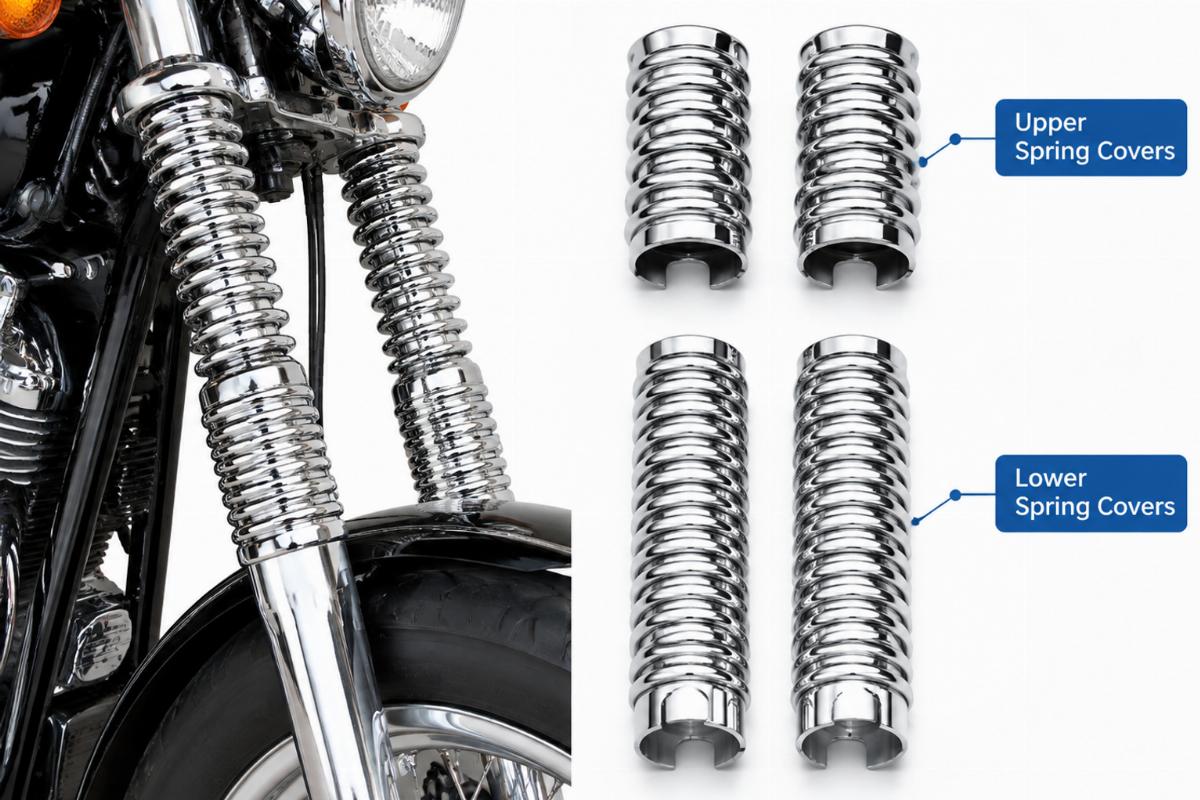 Chrome spring fork spring cover set showing upper and lower components