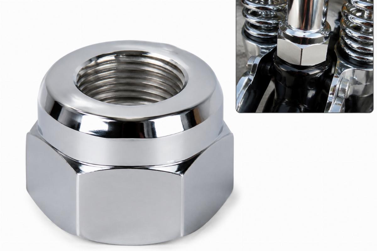 Chrome spring fork stem nut motorcycle aftermarket component for custom springer front ends