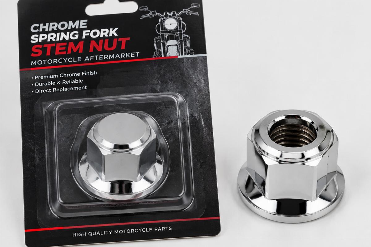 Chrome spring fork stem nut motorcycle aftermarket packaging detail