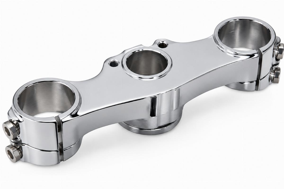 Chrome spring fork top tree motorcycle aftermarket offset view