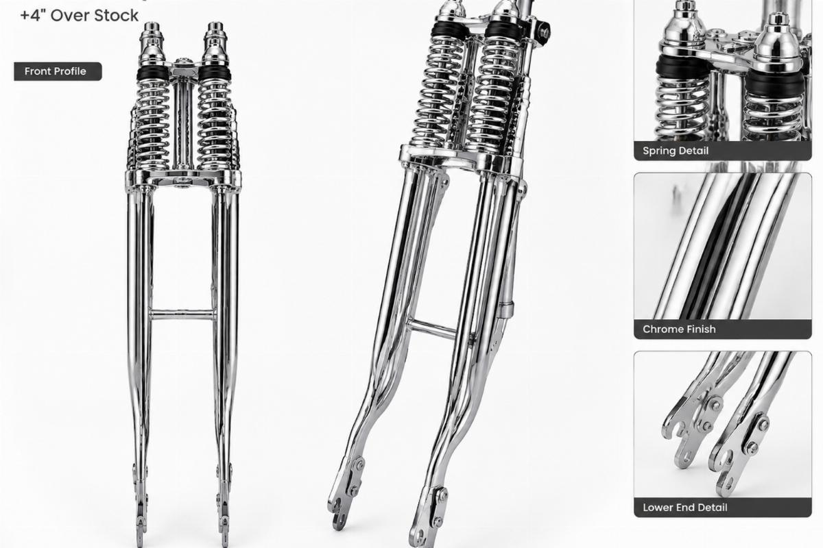 Chrome springer fork +4" over stock showing front profile and finish