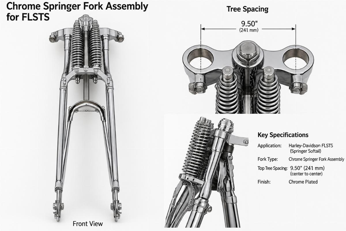 Chrome springer fork assembly for FLSTS showing front view and tree spacing