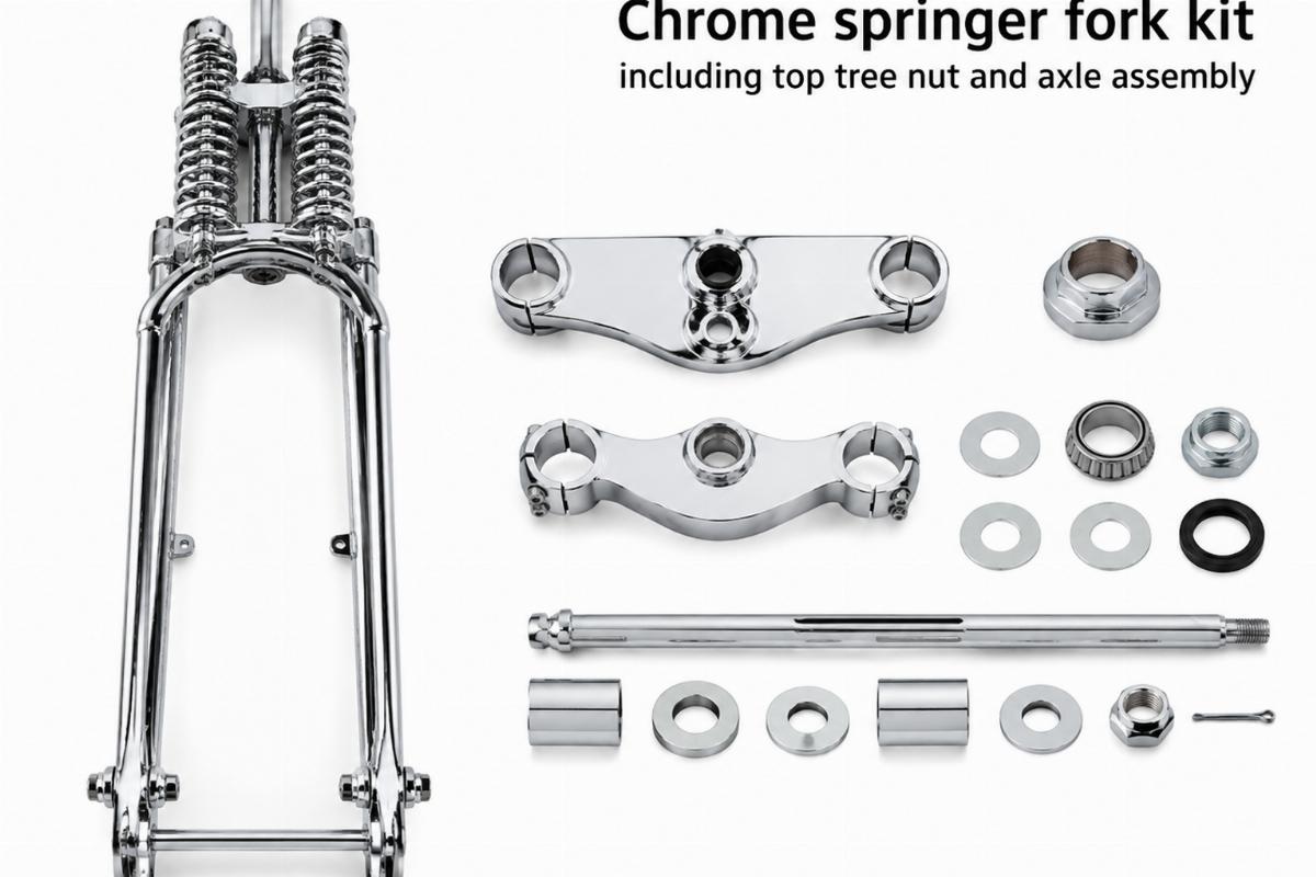 Chrome springer fork kit contents including top tree nut and axle assembly