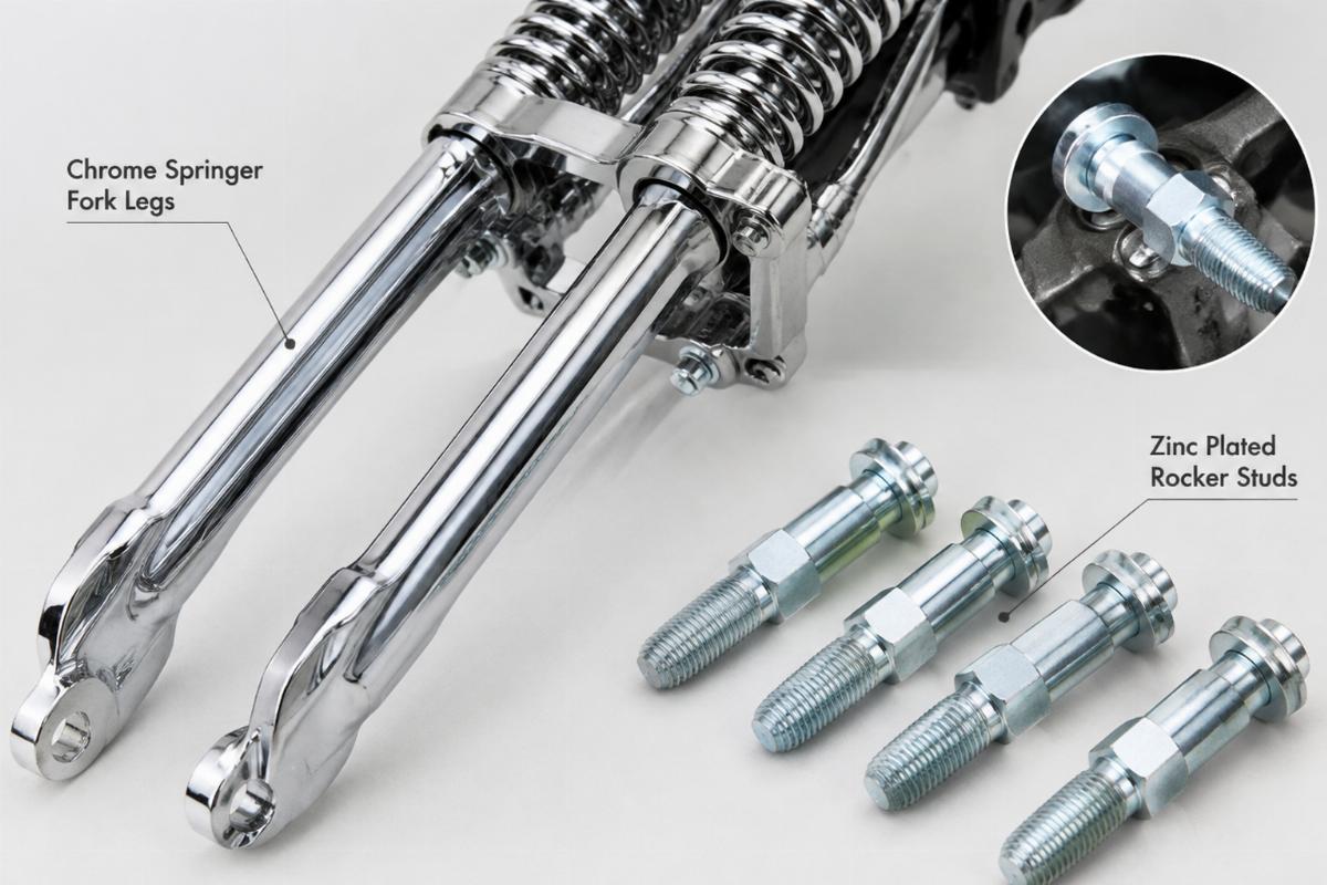 chrome springer fork legs and zinc plated rocker studs detail