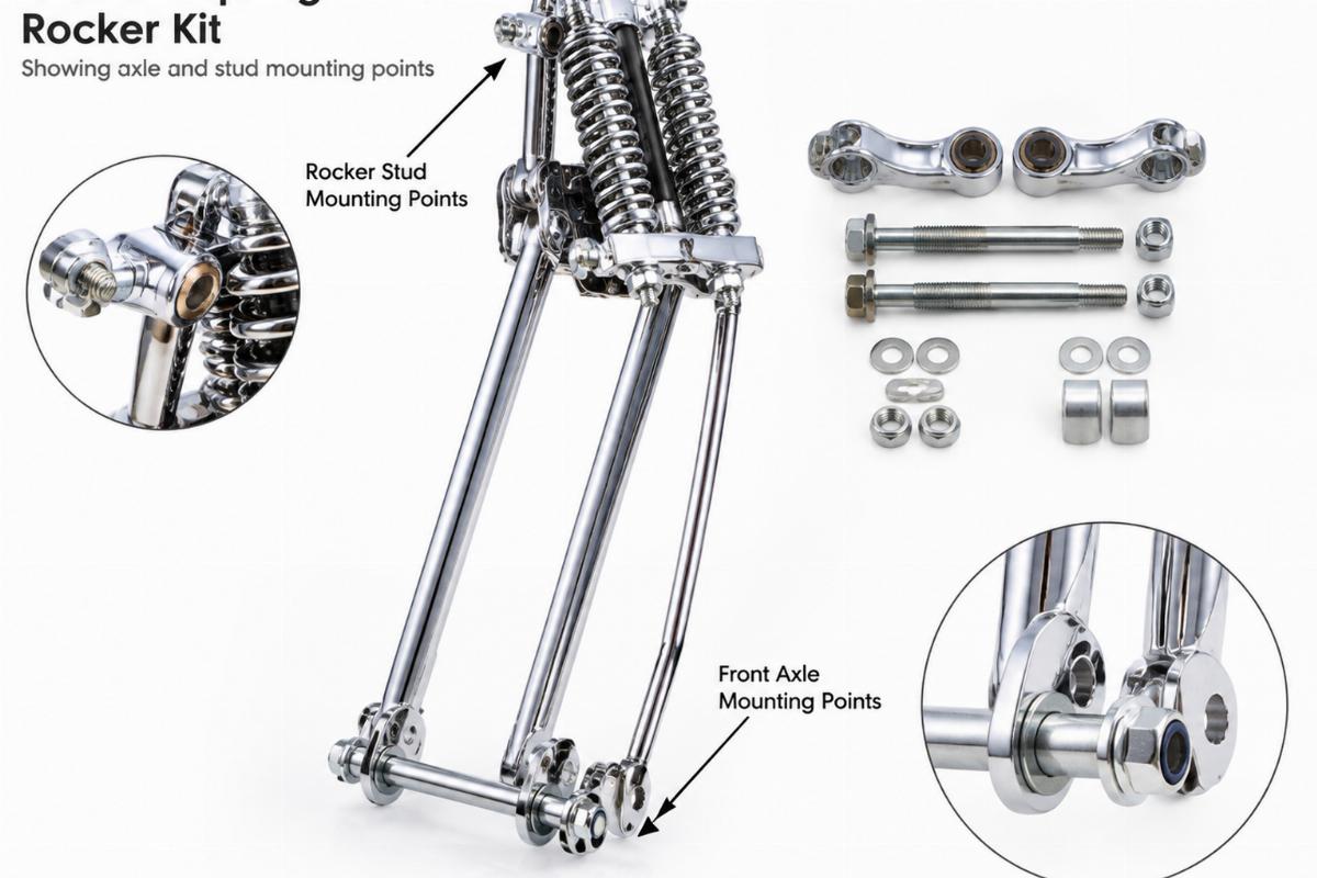 Chrome springer fork rocker kit showing axle and stud mounting points