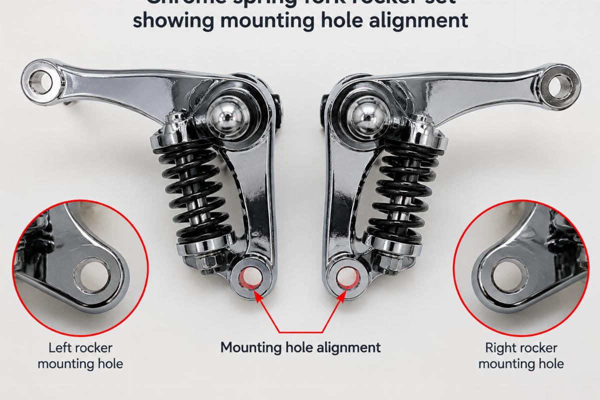 Chrome springer fork rocker set showing mounting hole alignment