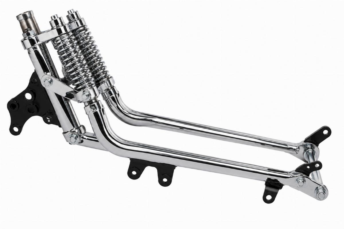 Chrome springer fork shock assembly with mount brackets side view