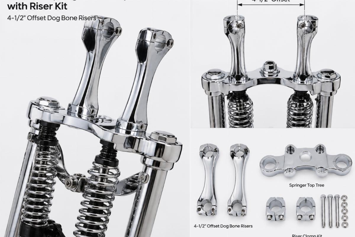 Chrome springer fork top tree with riser kit showing 4-1/2 offset dog bone risers