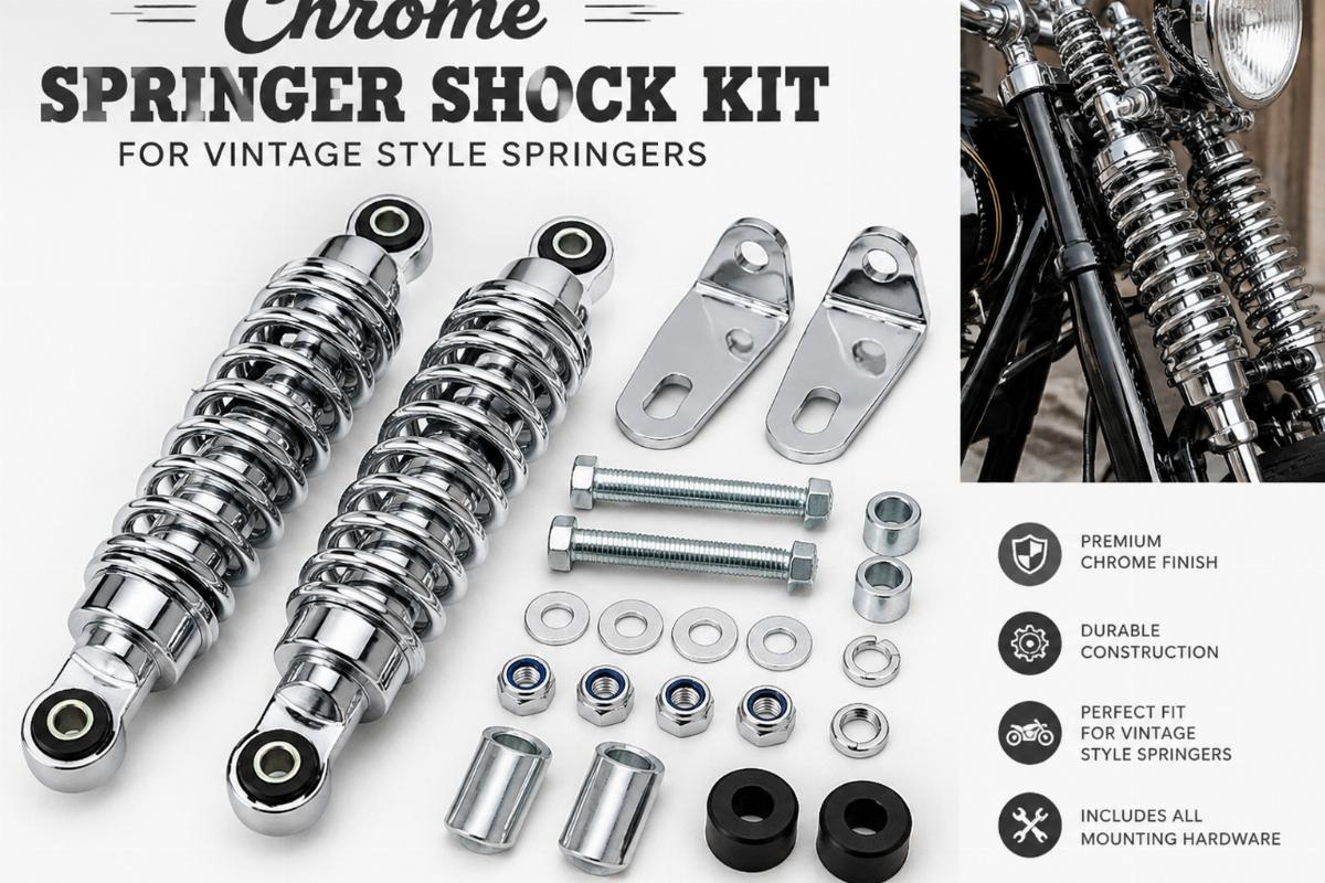 Chrome springer shock kit for vintage style springers showing mounting hardware