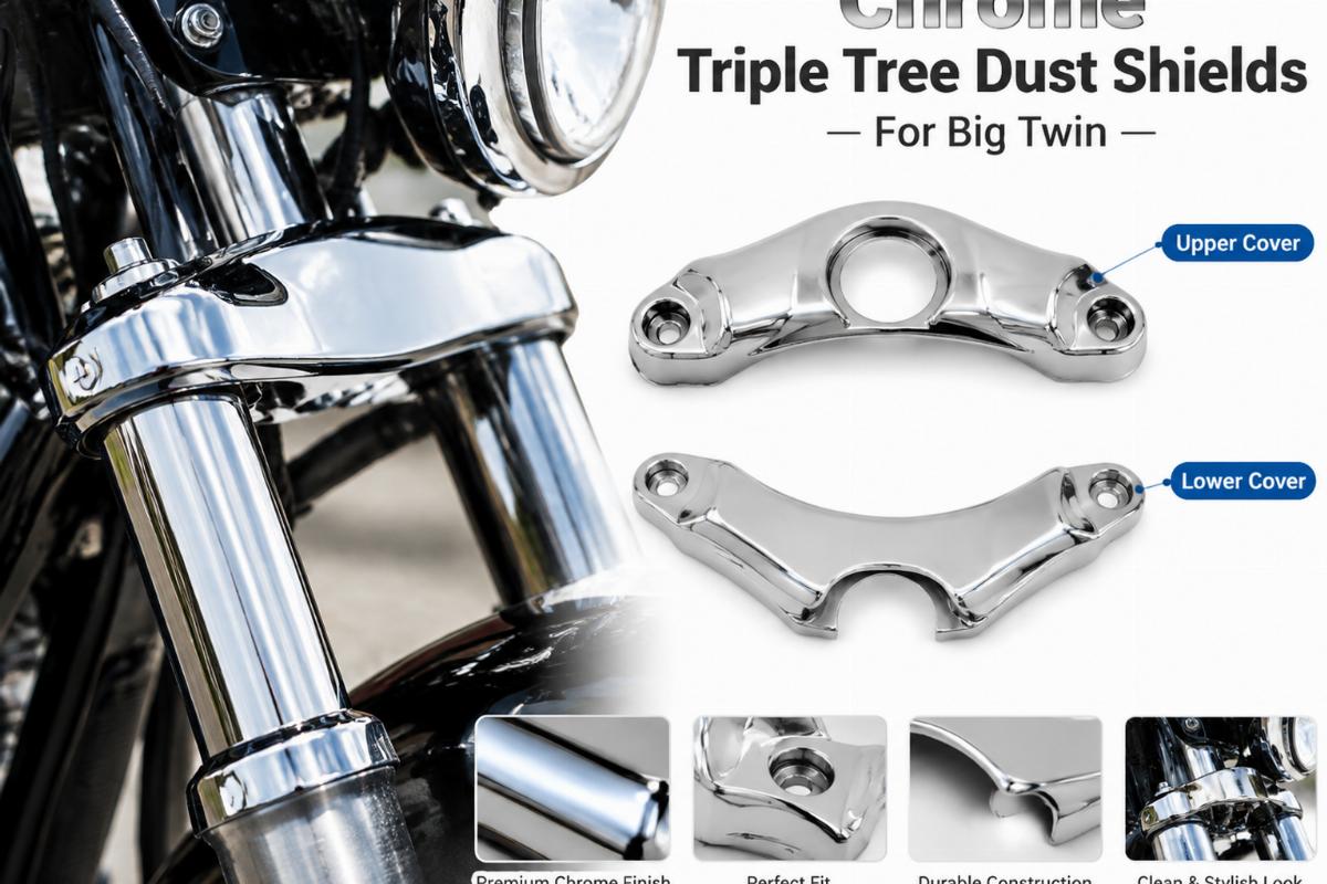 Chrome triple tree dust shields for big twin showing upper and lower covers