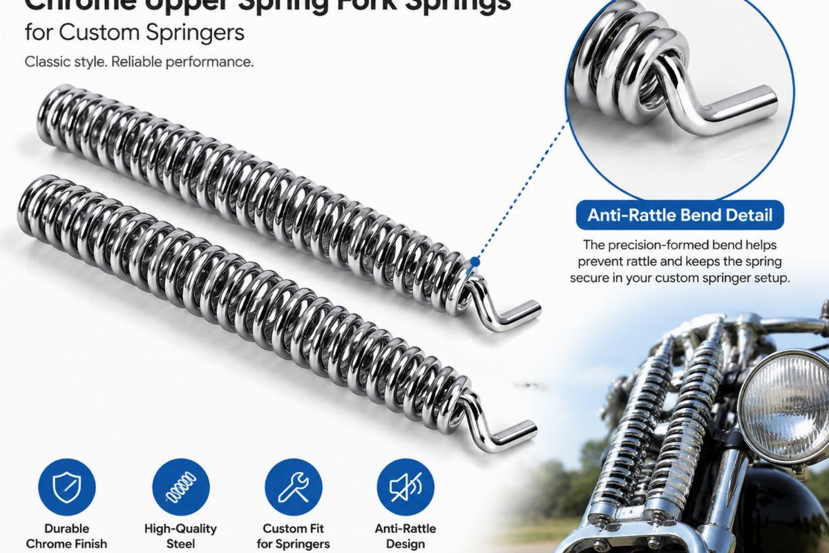 Chrome upper spring fork springs for custom springers showing the anti-rattle bend detail