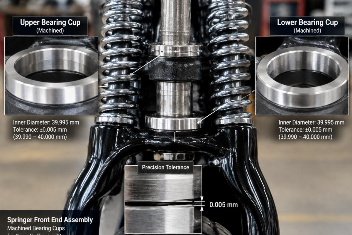 Close-up comparison of machined bearing cups on a springer front end assembly showing precision tolerances