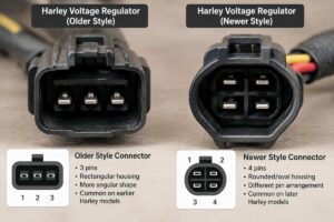 Close-up comparison of two Harley voltage regulator connectors showing different pin arrangements and housing shapes