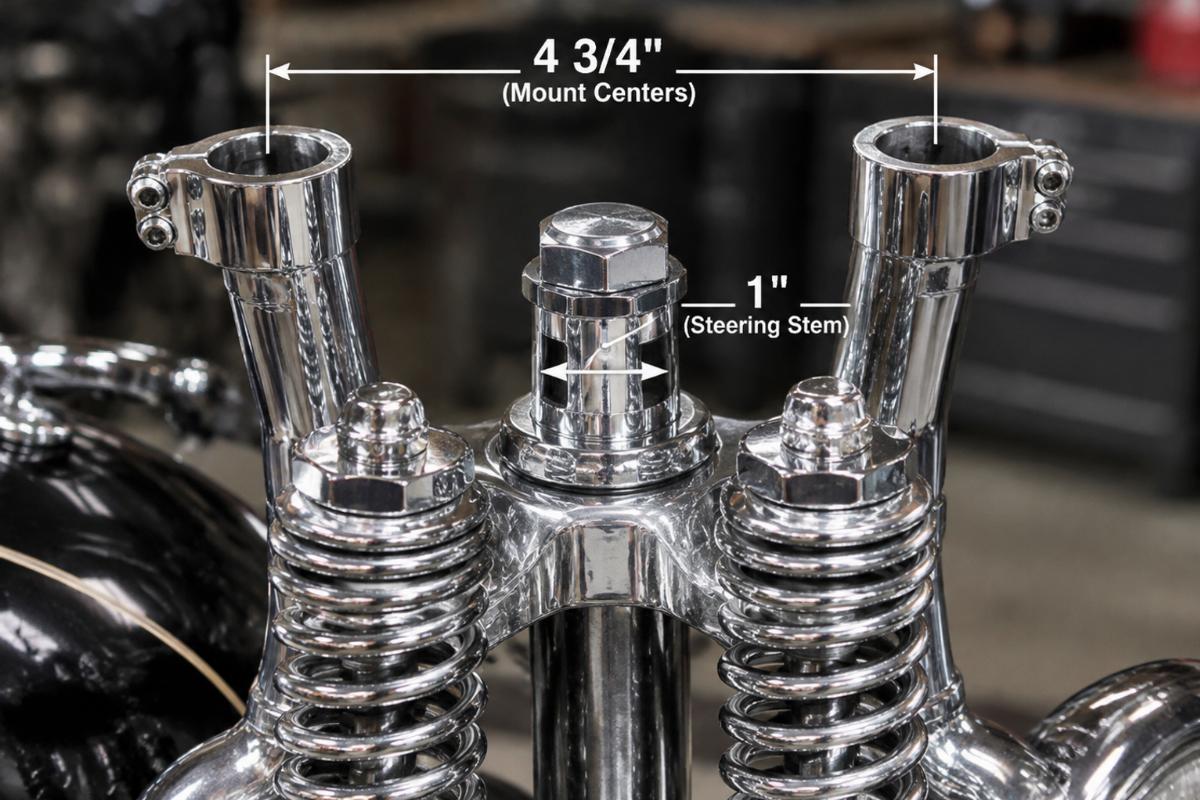 Close up detail of 1 inch steering stem and 4 3/4 inch rise mount centers on chrome springer