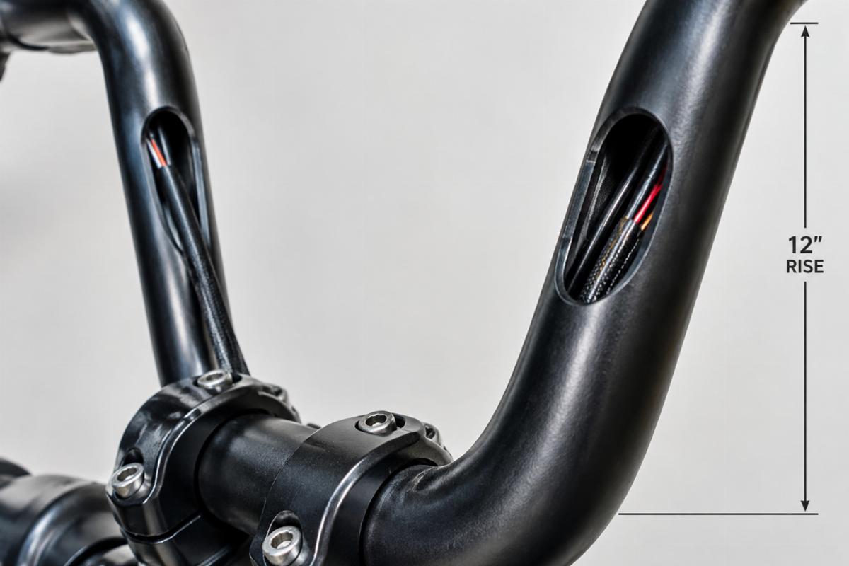 Close up detail of internal wiring drill holes on 12 inch rise handlebars