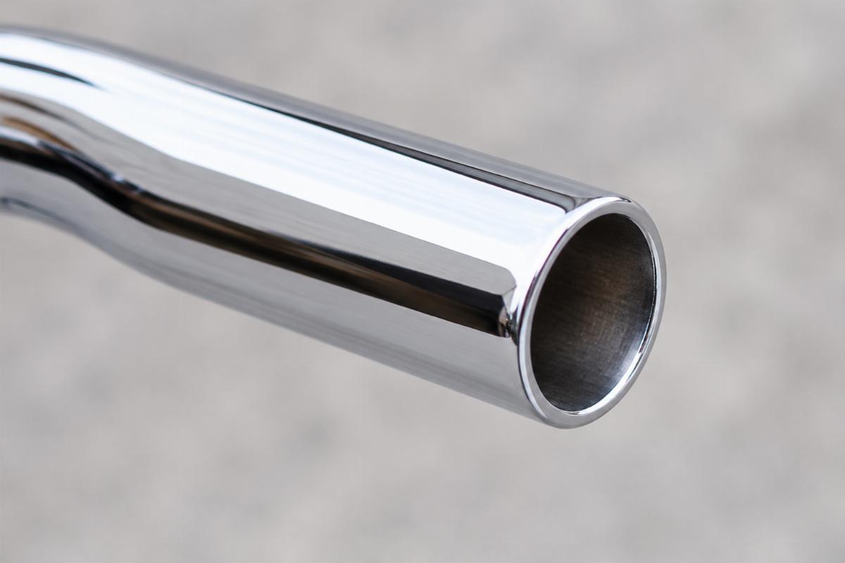 Close up detail of non-dimpled chrome plated handlebar tube end