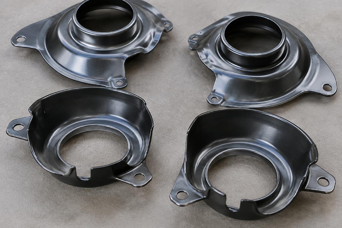 Close up detail of stamped steel steering stem dust shields for big twin showing upper and lower pair
