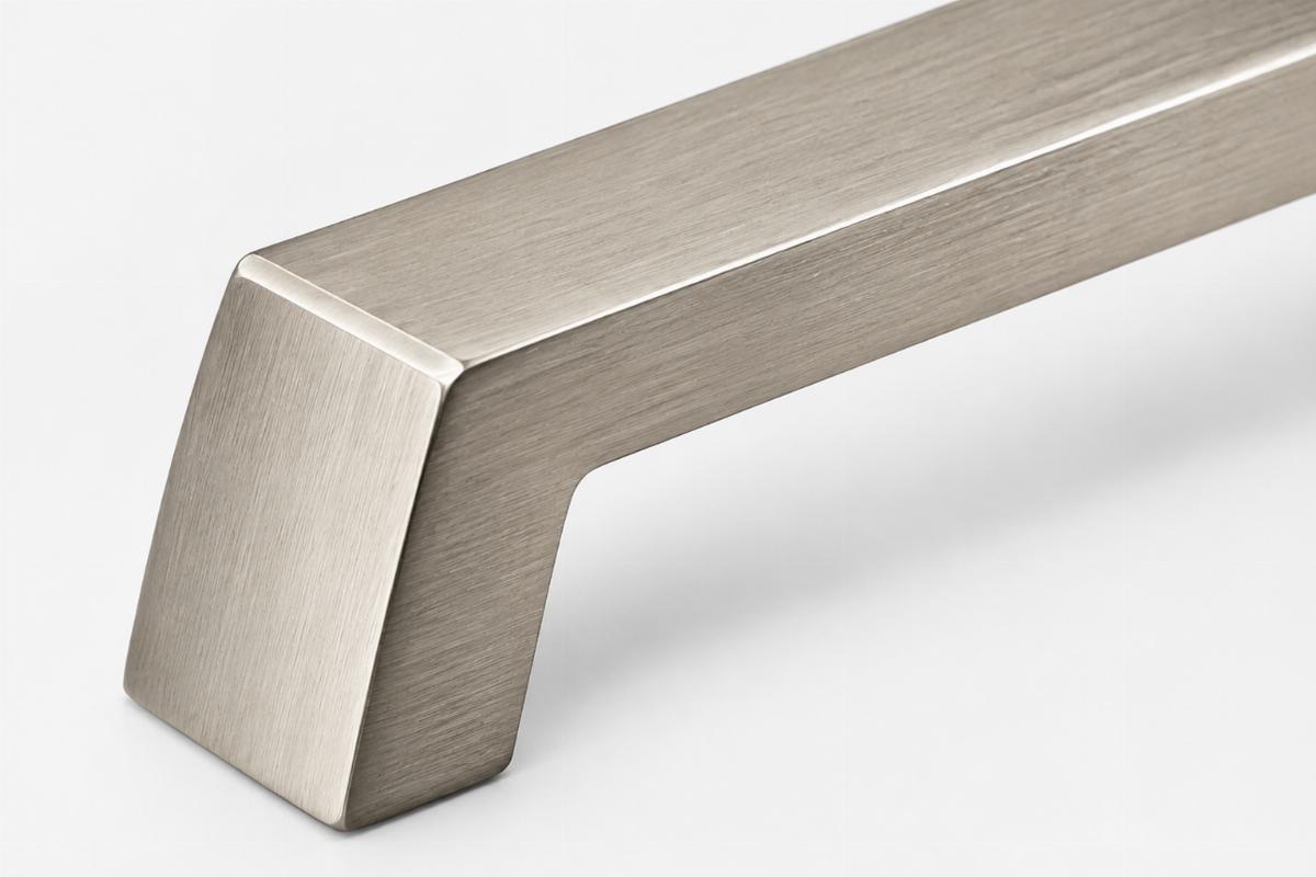 Close up detail of the 1 inch angled ends and brush nickel surface finish