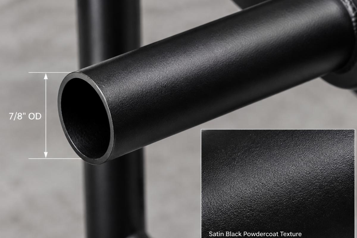 Close up detail of the 7/8 inch OD steel tubing and satin black powdercoat texture