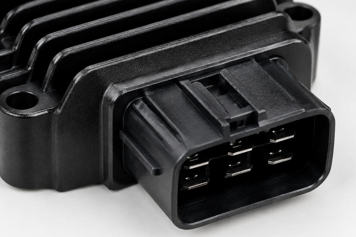 Close-up detail of the black anodized finish and connector housing on the regulator rectifier
