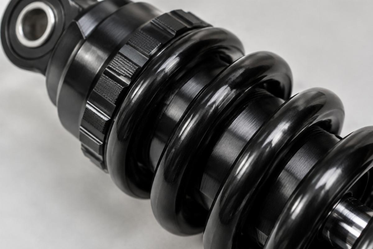 Close up detail of the black finish on a custom spring fork shock