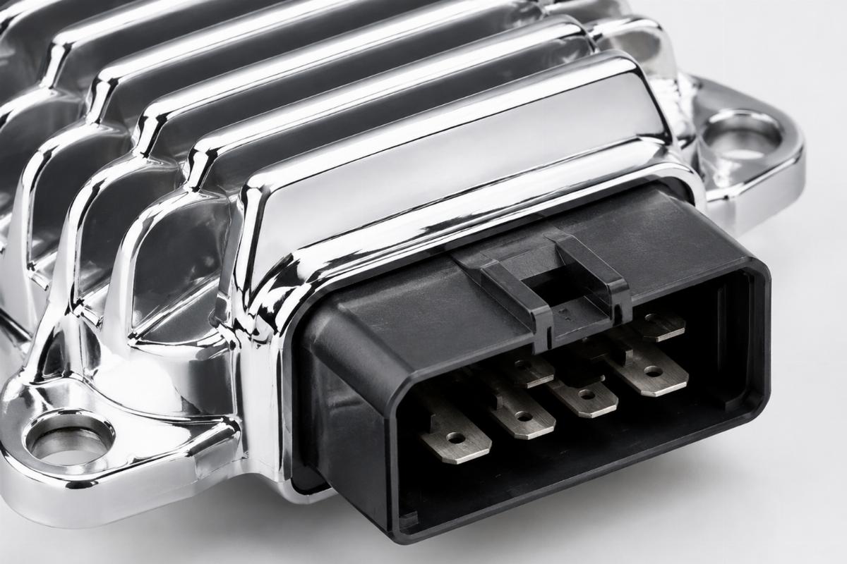 Close up detail of the chrome plated finish and connector pins on the regulator rectifier