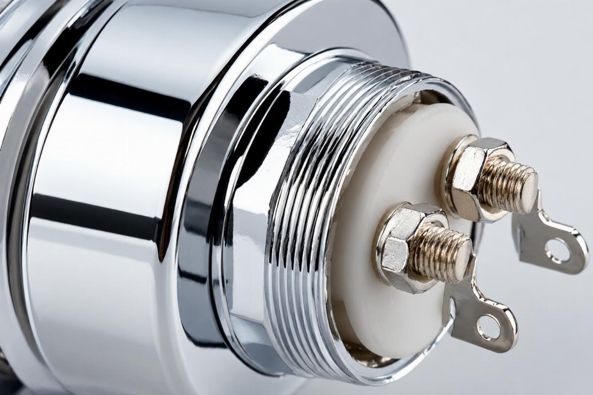 Close up detail of the chrome plated finish and connector terminals