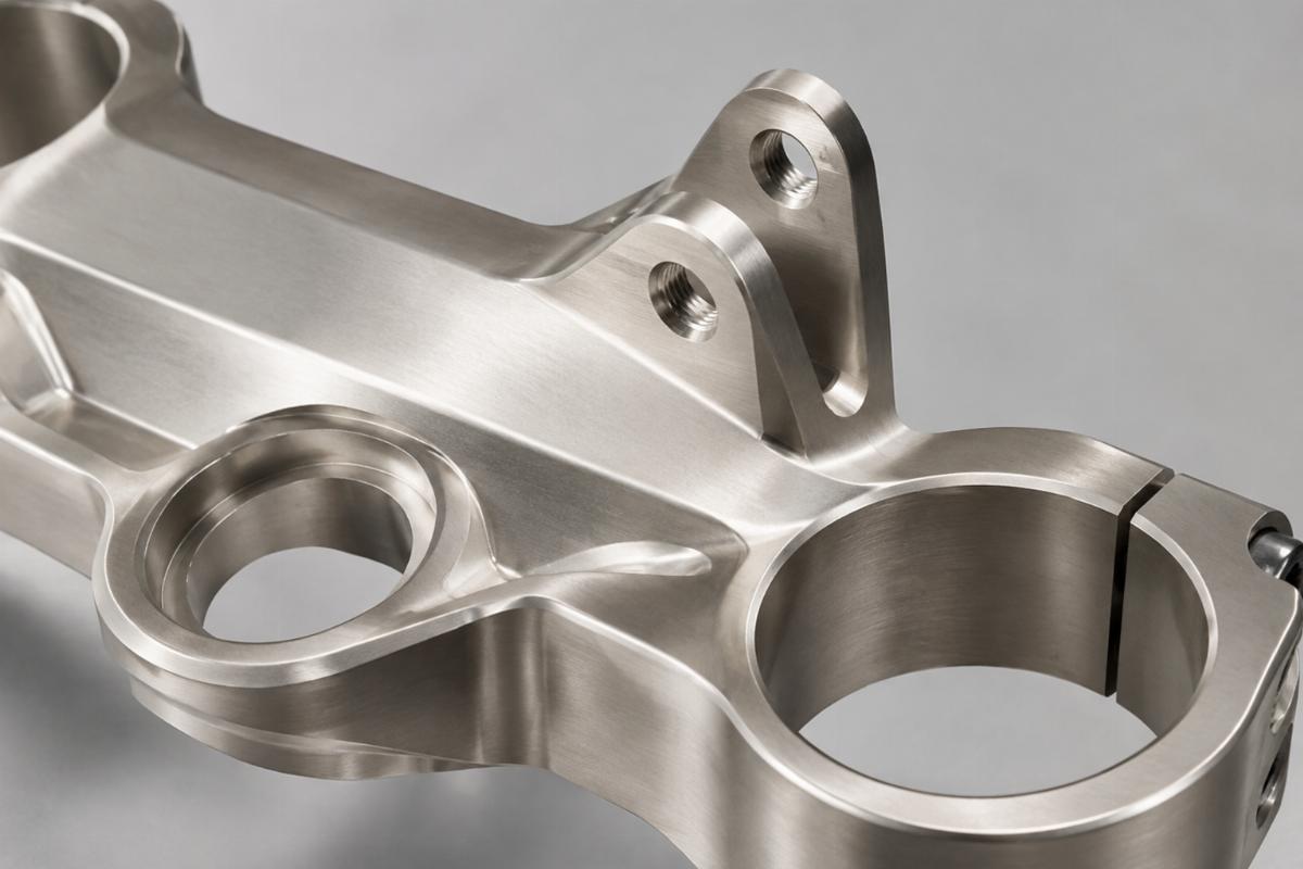 Close up detail of the satin nickel finish and offset ear mounting holes on the triple tree