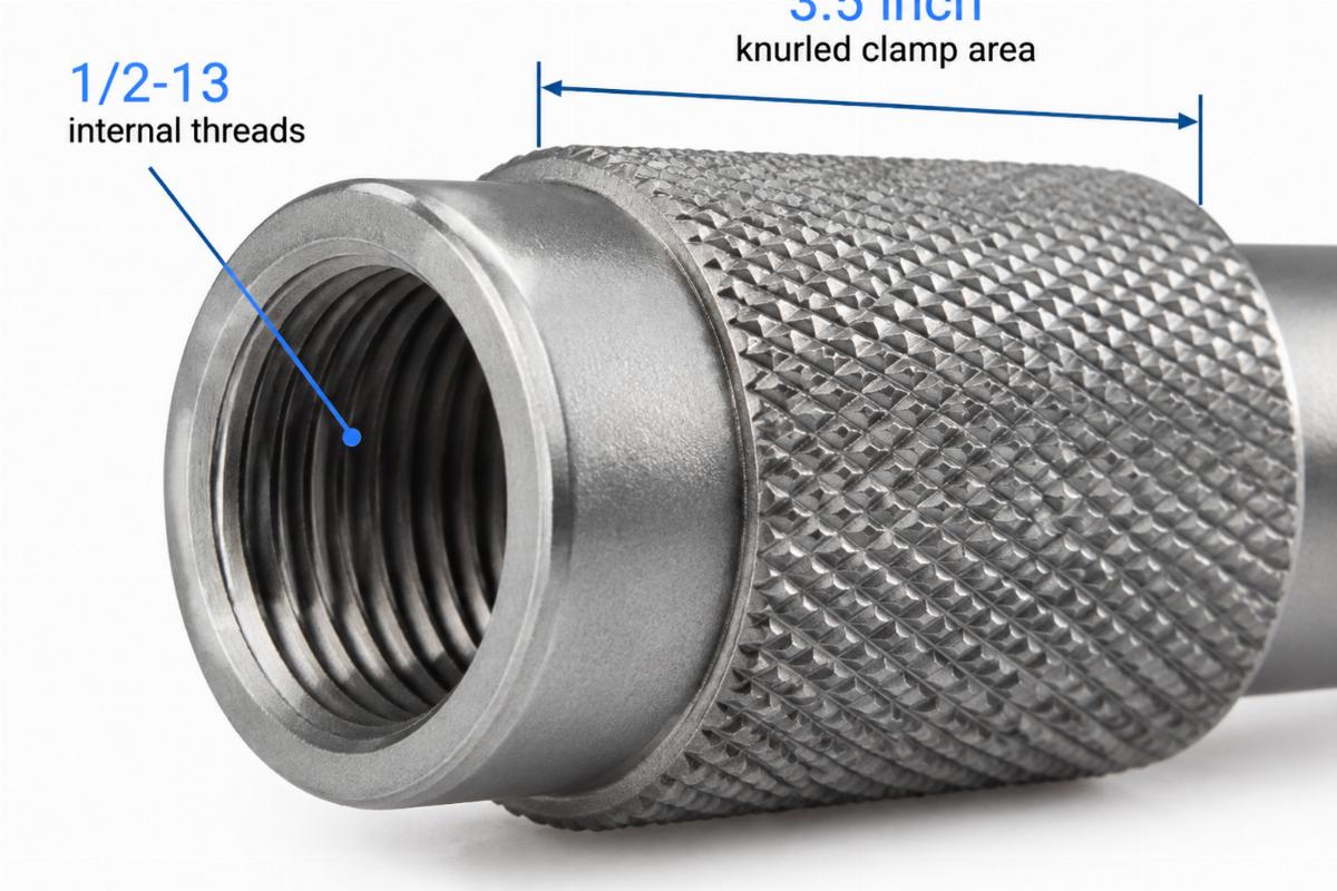 Close up of 1/2-13 internal threads and 3.5 inch knurled clamp area