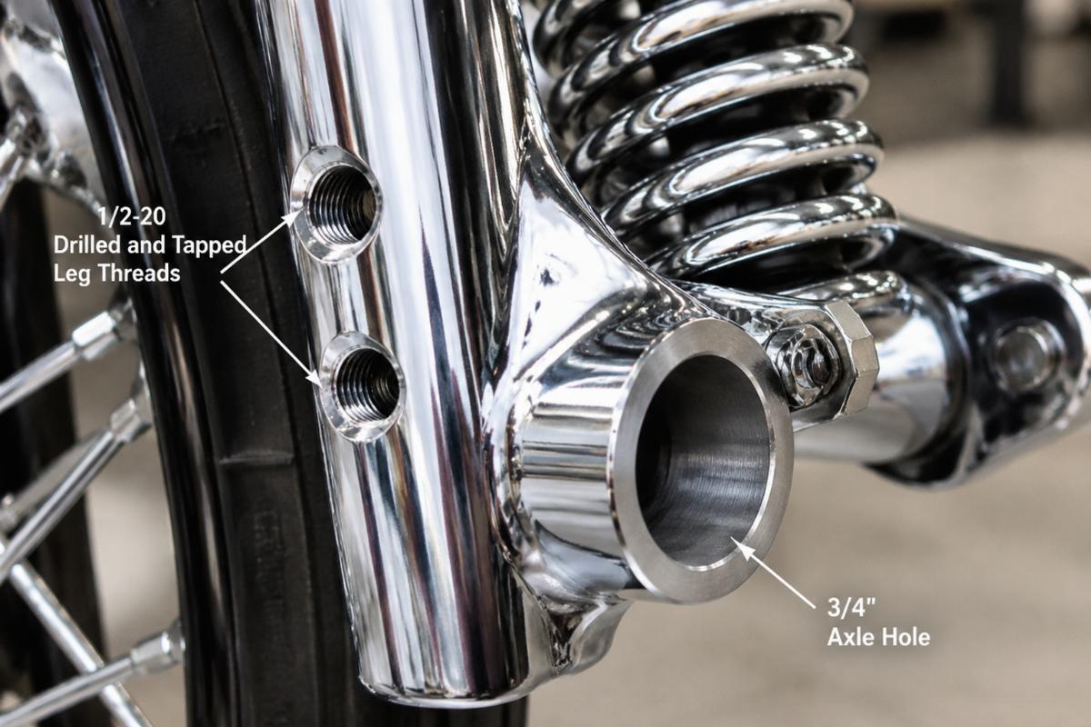Close up of 1/2-20 drilled and tapped leg threads and 3/4 inch axle hole on chrome springer