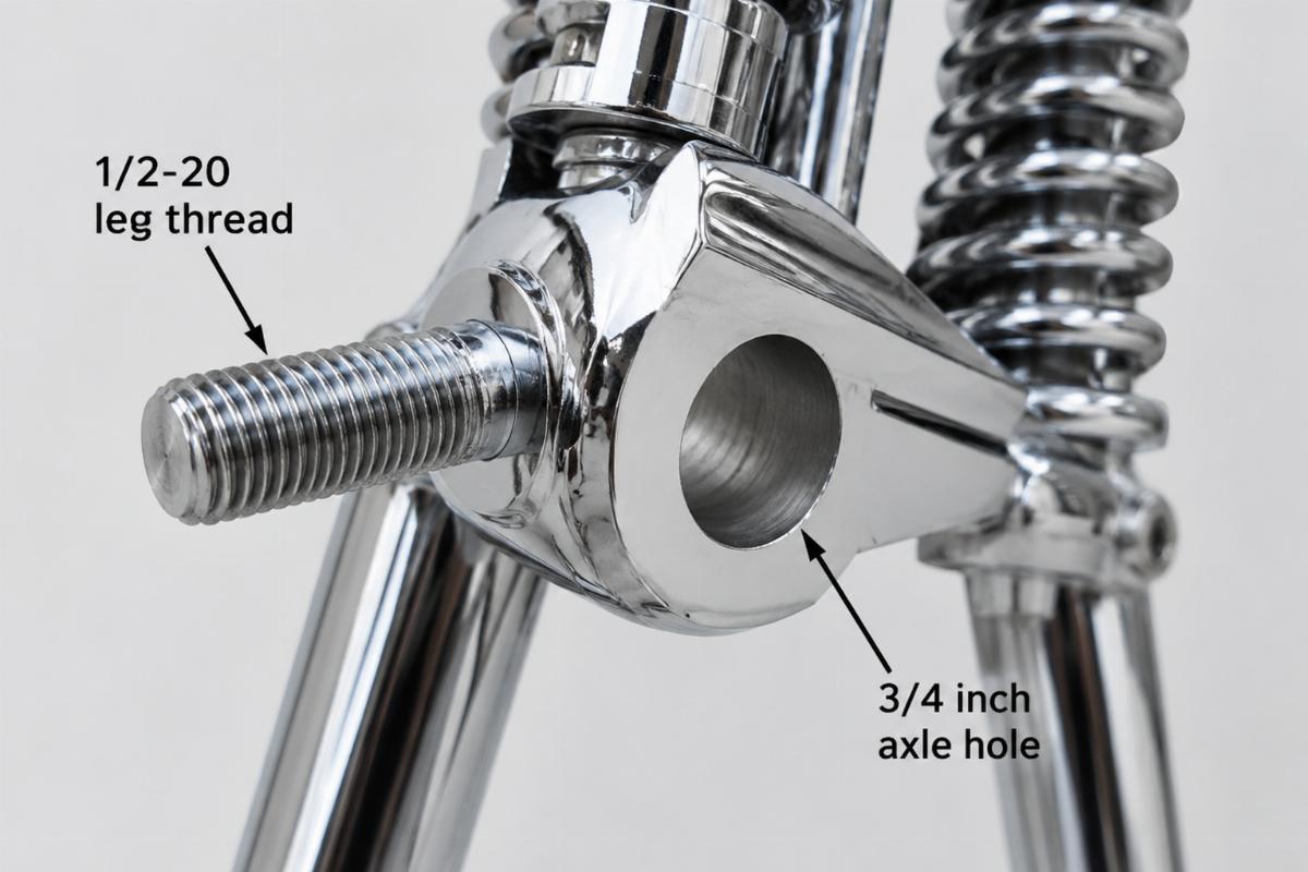 Close up of 1/2-20 leg thread and 3/4 inch axle hole on chrome springer fork