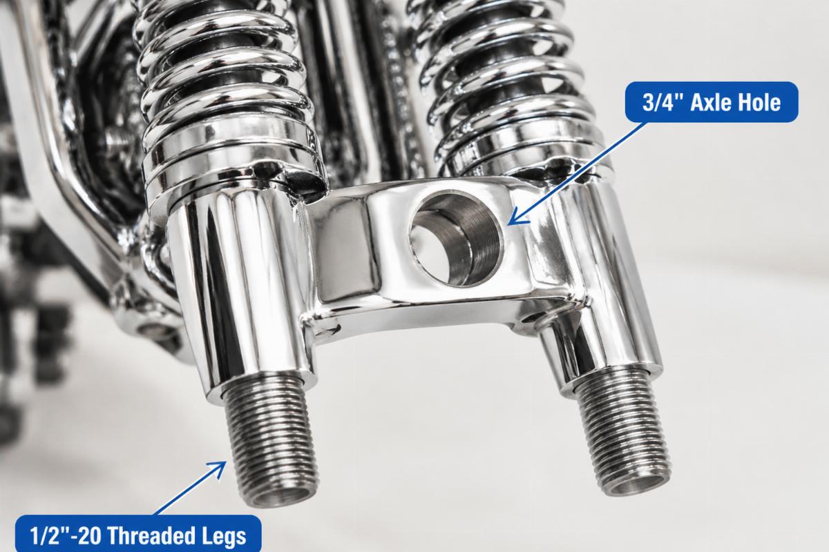 Close up of 1/2-20 threaded legs and 3/4 inch axle hole on chrome springer