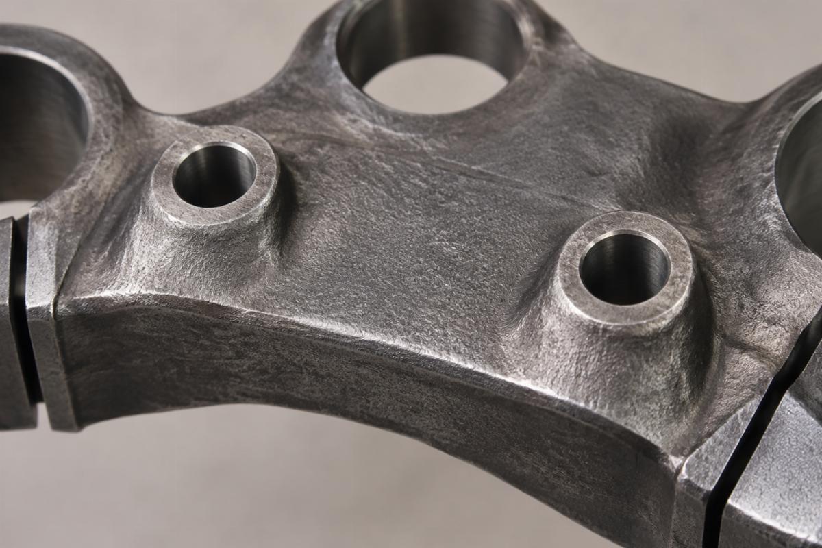 Close up of 1/2 inch mount holes and raw forged finish on the top triple tree