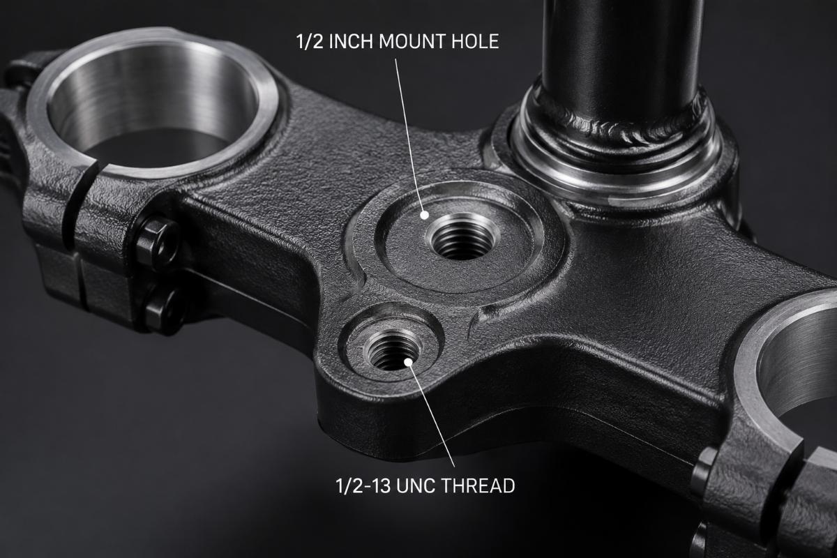 Close up of 1/2 inch mount holes and thread details on cast steel triple tree