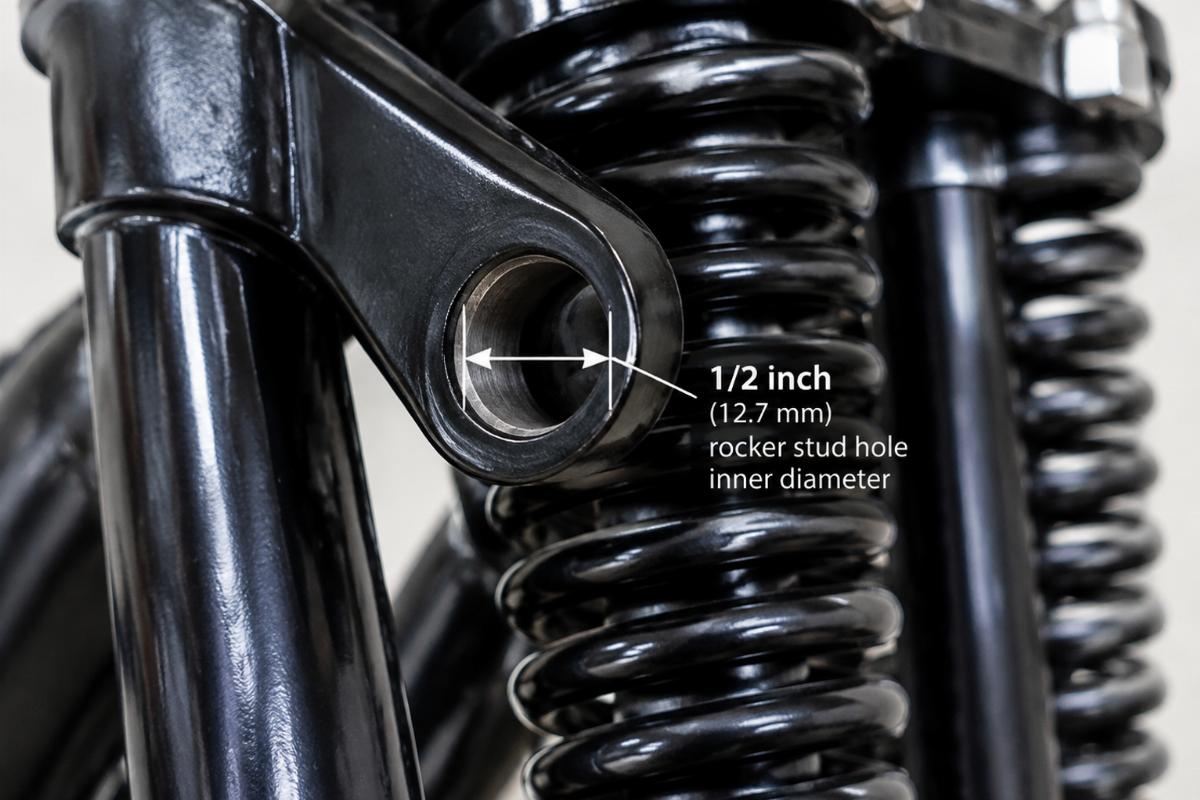 Close up of 1/2 inch rocker stud hole inner diameter and black finish on springer fork