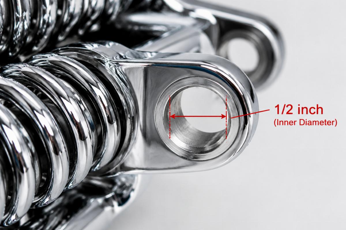 Close up of 1/2 inch rocker stud hole inner diameter on chrome spring fork