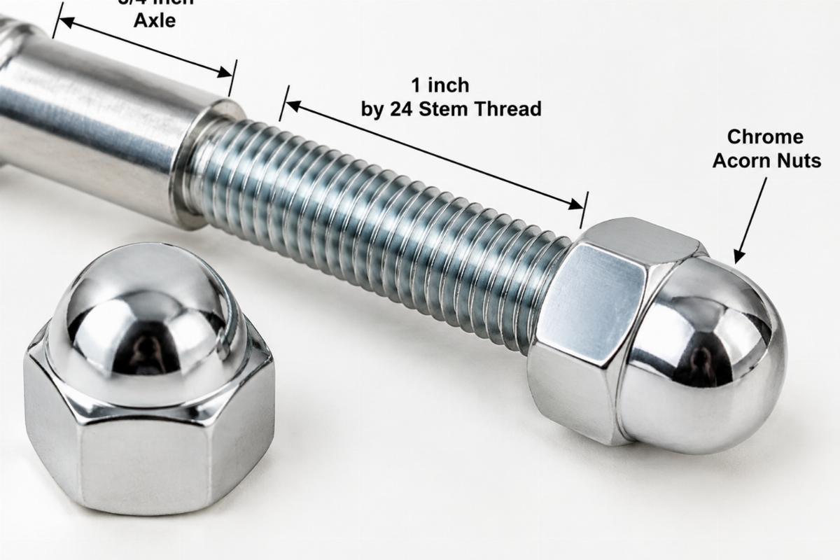Close up of 1 inch by 24 stem thread and 3/4 inch axle with chrome acorn nuts