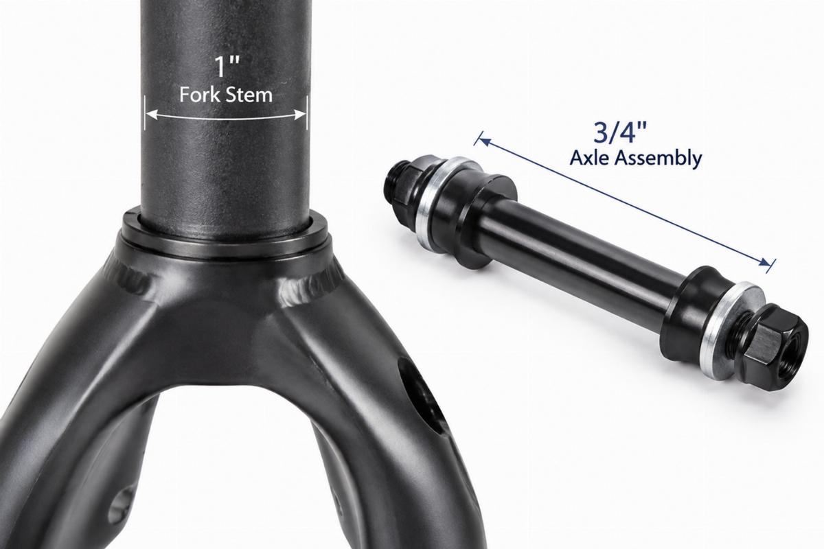 Close up of 1 inch fork stem and 3/4 inch axle assembly included in the kit