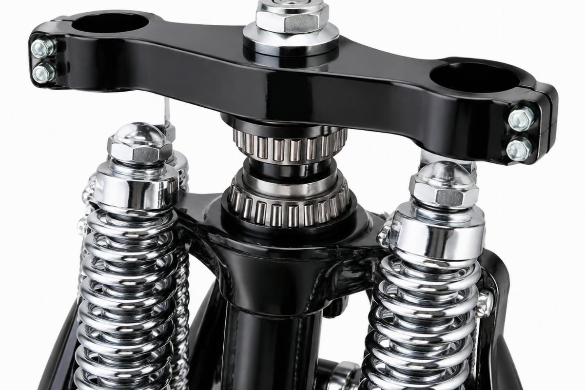 Close up of 1 inch neck bearings and top tree included in the fully assembled spring fork kit