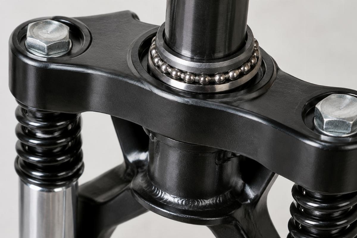 Close up of 1 inch neck bearings and top tree on the inline spring fork assembly