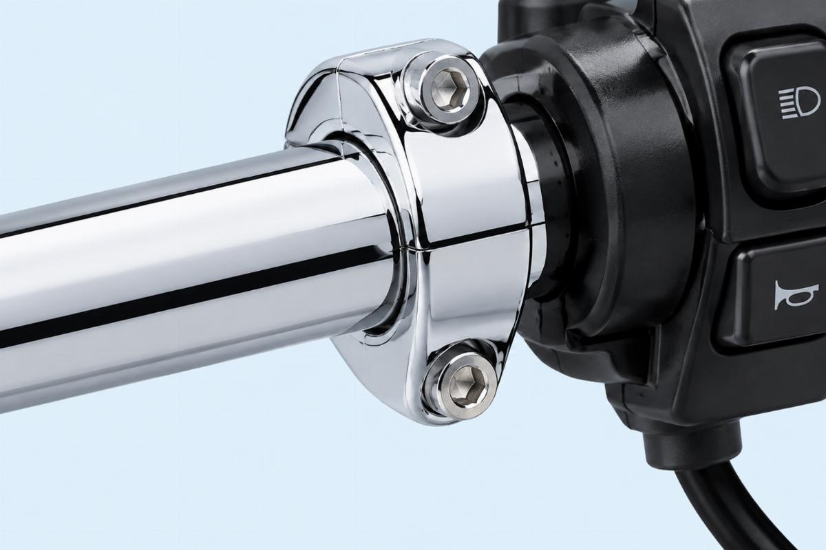 Close up of 1 inch outer diameter chrome handlebar control mounting area