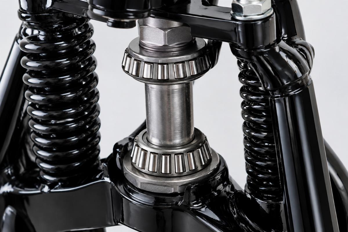 Close up of 1 inch steering stem and Timken type bearings on gloss black springer fork